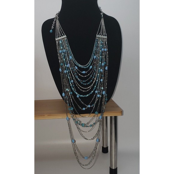 Silver Toned Multi Strand Turquoise Colored Beaded 24" Necklace - Picture 1 of 9